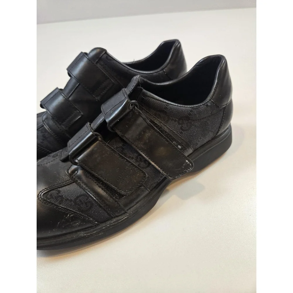 Gucci Shoes Mens Size 7.5 Black Strap Leather Canvas Logo Made In Italy